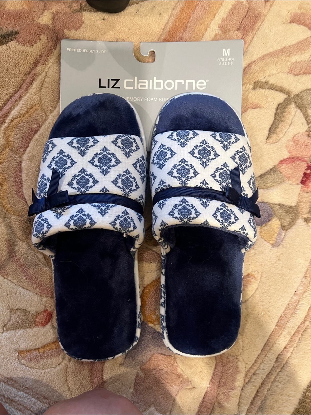Liz Claiborne Navy and White Patterned Memory Foam Slides slippers